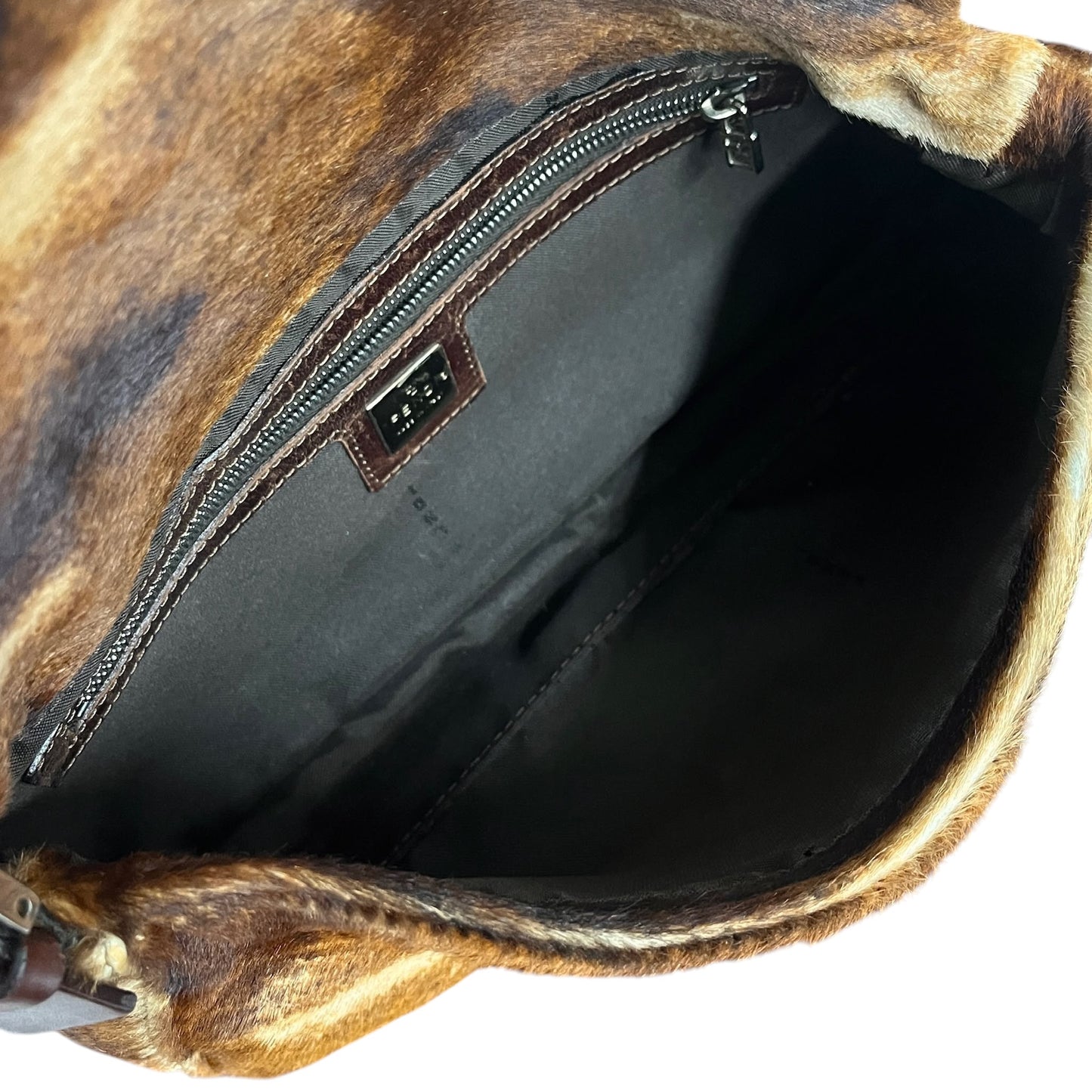 Fendi Vintage Brown Animal Print Pony Hair Shoulder Baguette Bag