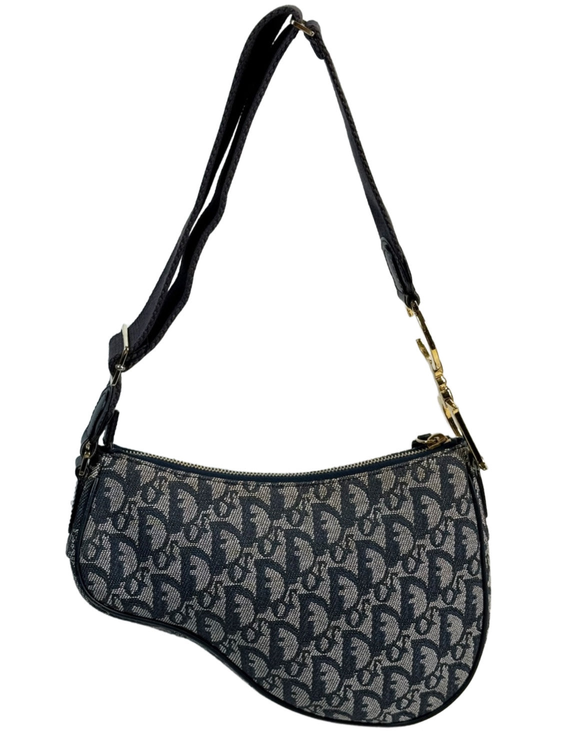 Dior Vintage 2004 Navy Blue Trotter Monogram D Charm Logo Shoulder Crossbody Saddle Bag