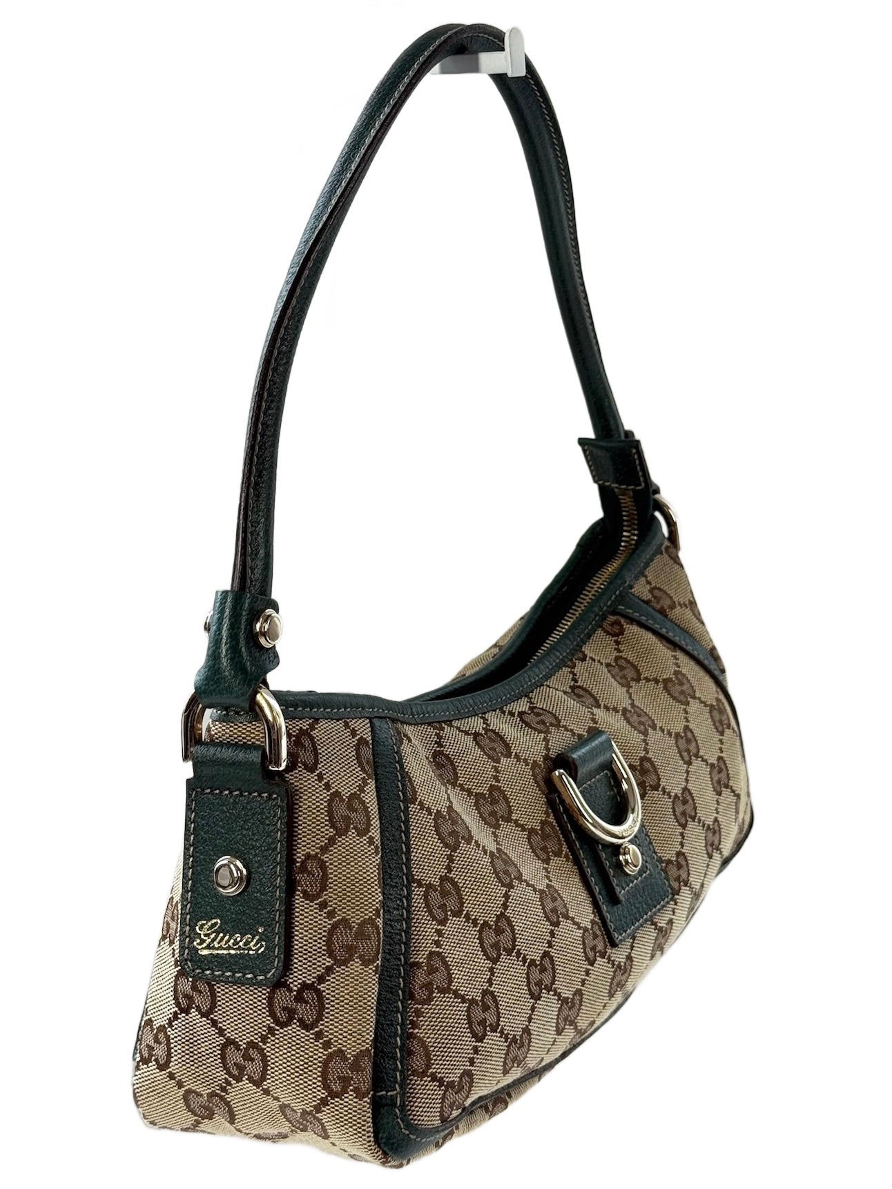 Gucci Brown GG Monogram Turquoise Leather Trim Abbey Pochette Shoulder Bag