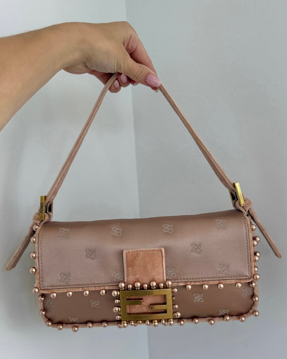 Fendi 1997 Re-Edition 25 Year Anniversary Blush Pink Embroidered Silk Logo Pearl Trim Shoulder Baguette Bag with Velour Trim