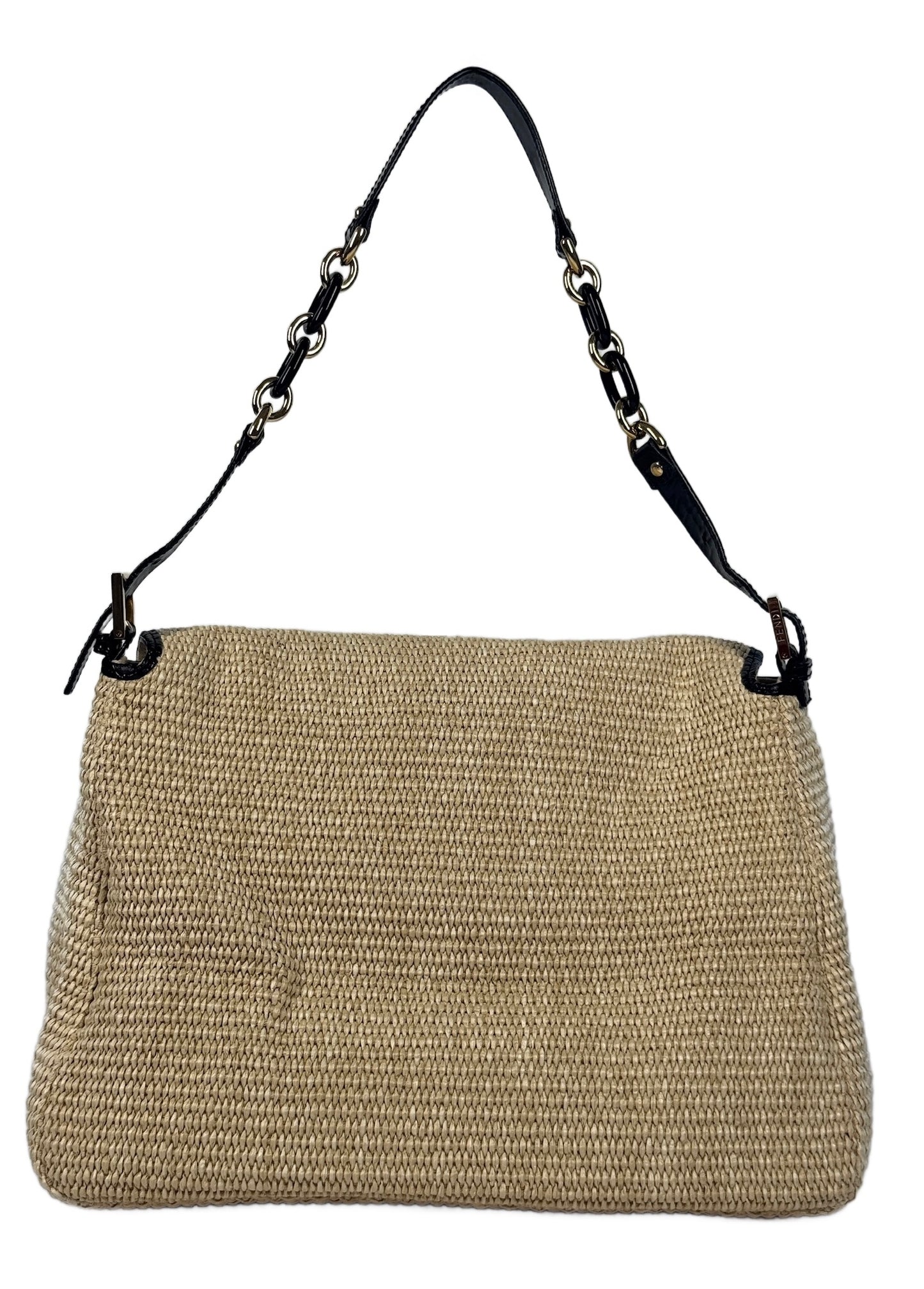 Fendi Vintage Beige Raffia Black Snakeskin Patent Leather Trim XL Mamma Baguette Shoulder Bag