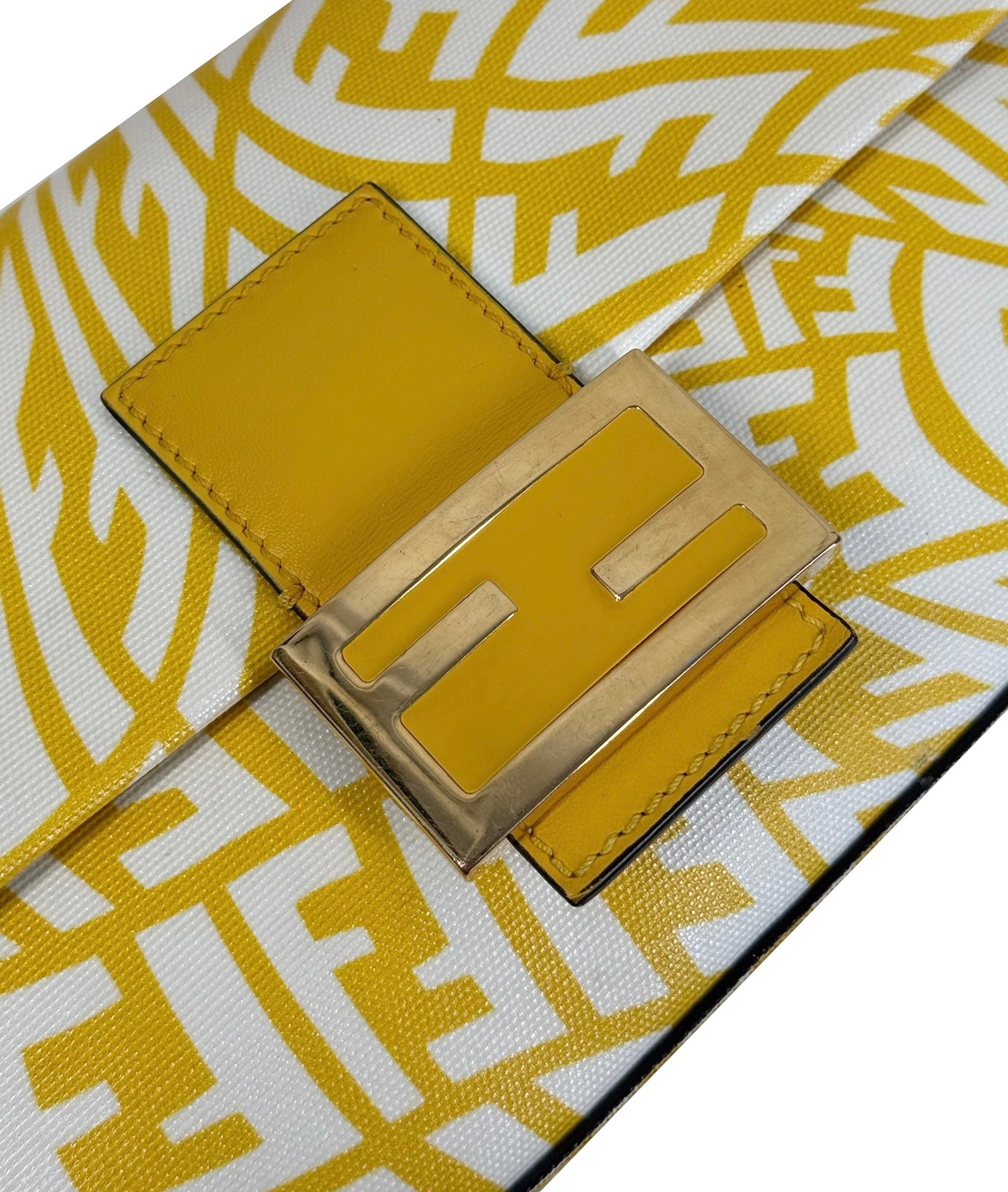Fendi Yellow Logo Coated Canvas Shoulder Baguette Bag