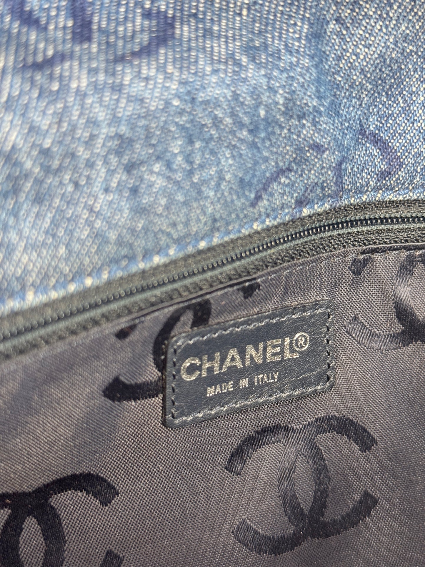 Chanel Vintage 00s Blue Denim CC Print Acrylic Chain Strap Single Flap Bag