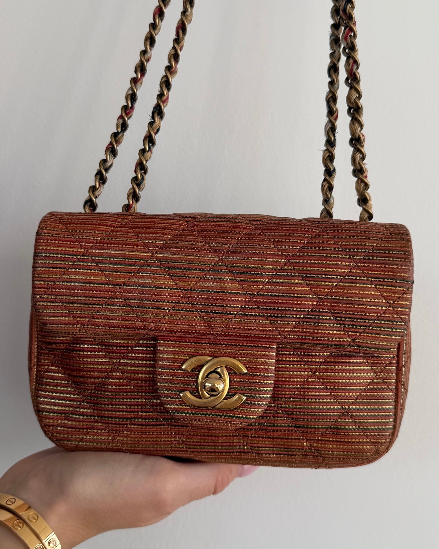 Chanel Orange Multicolor Striped Metallic Extra Mini Flap Bag w Aged Gold Hardware