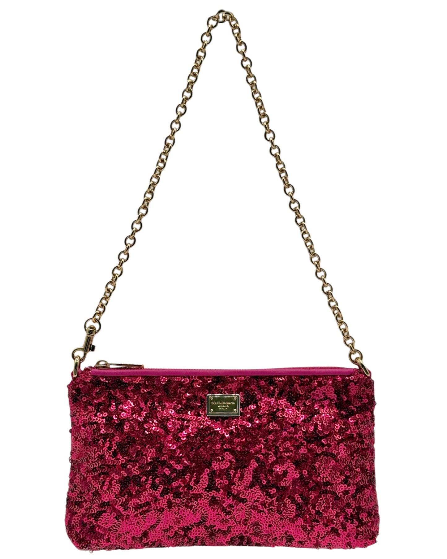 Dolce & Gabbana Vintage Fuchsia Sequin Gold Chain Small Pochette Shoulder Bag