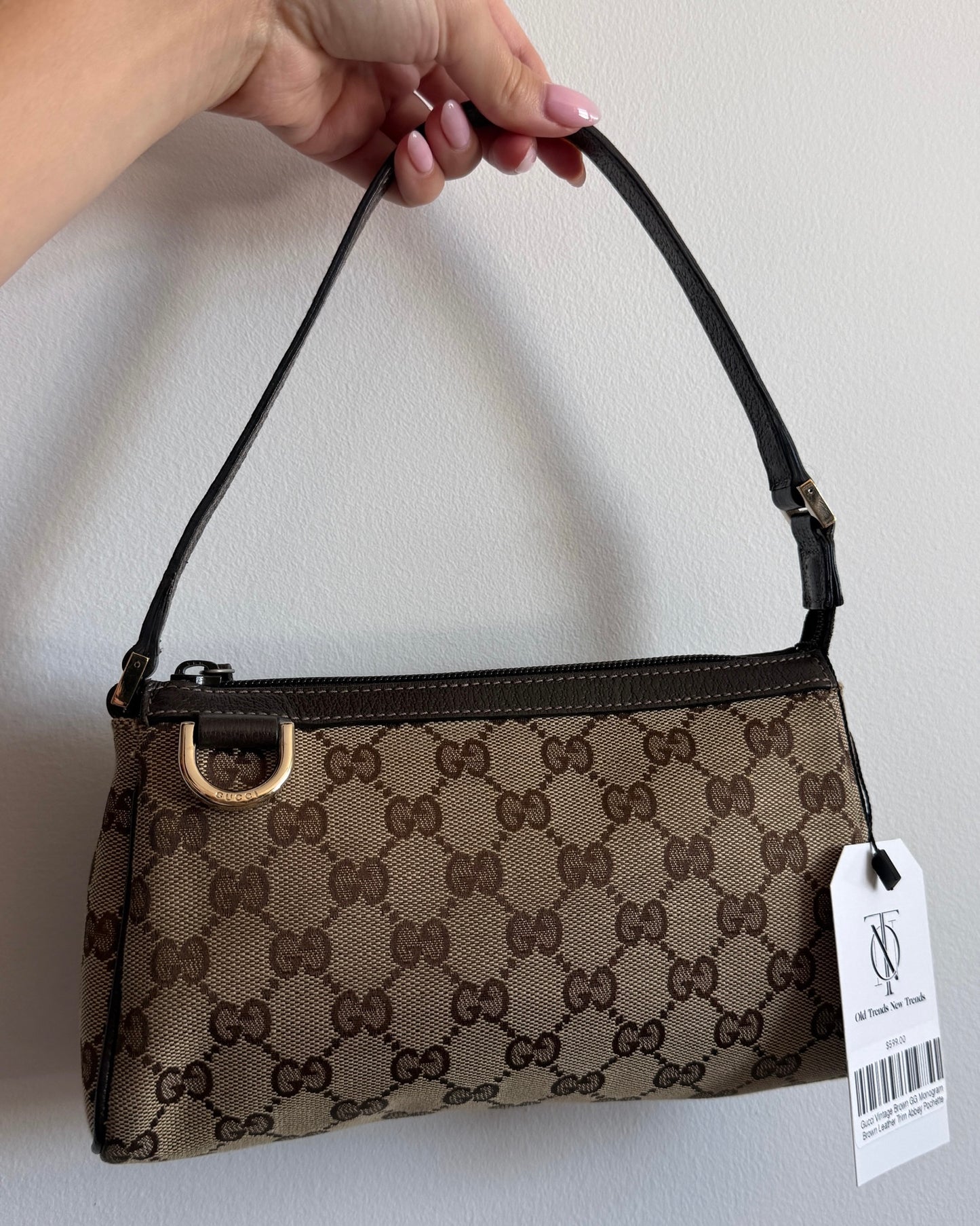 Gucci Vintage Brown GG Monogram Brown Leather Trim Abbey Pochette