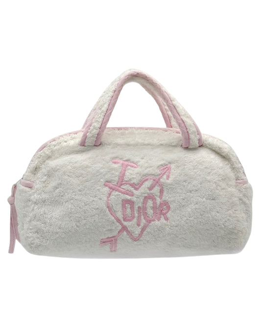 Dior Vintage 00s Ivory & Pink I <3 Dior Terry Cloth Cosmetic Mini Top Handle Bag