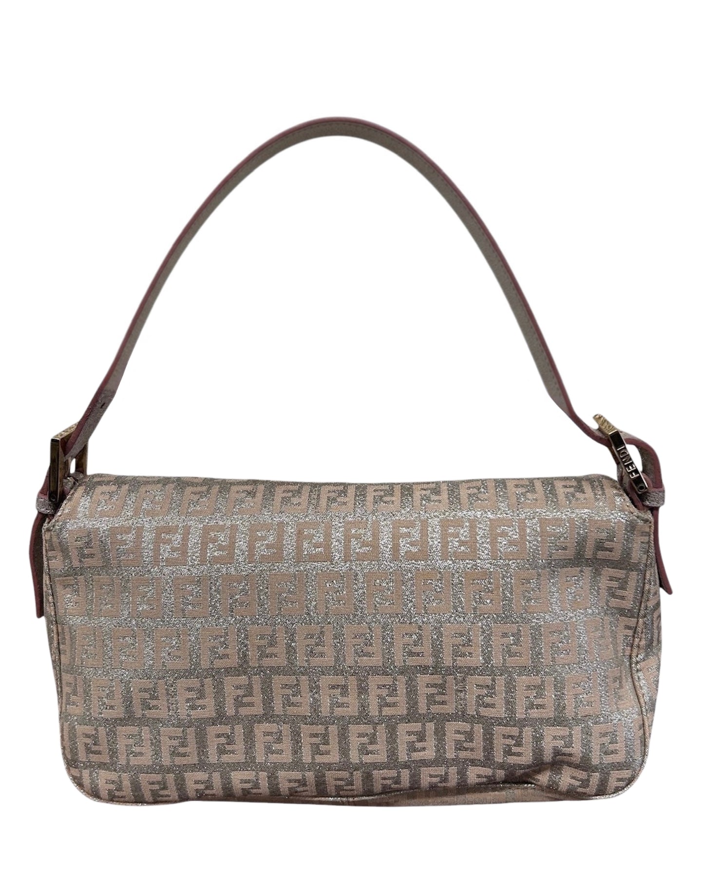 Fendi Vintage Metallic Pink Zucchino Zucca Monogram Double Flap Shoulder Baguette Bag