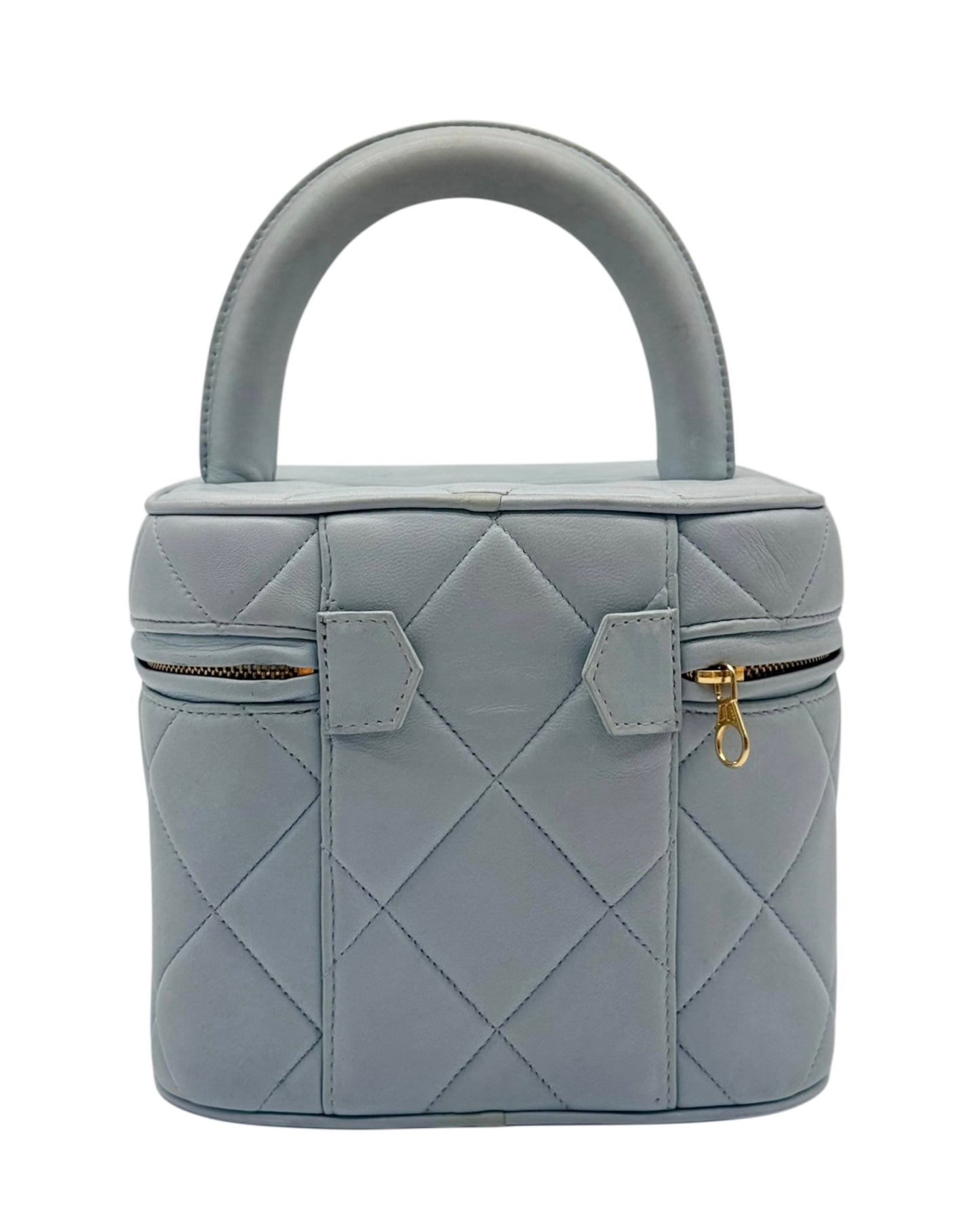 Chanel Vintage 90s Baby Blue Quilted Lambskin Top Handle Vanity Bag w 24K GPHW
