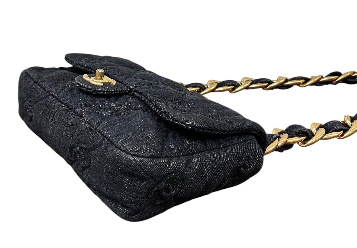Chanel Black CC Embossed Quilted Denim Funky Town Flap Bag with Aged Gold Hardware