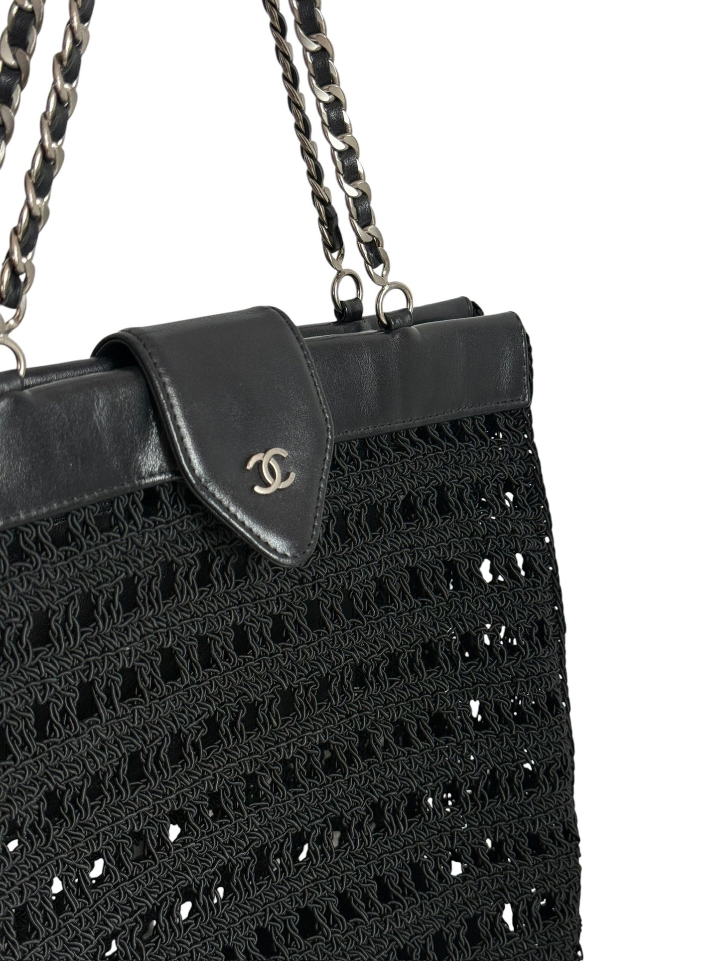 Chanel Vintage 90s Black Woven Crochet Knit CC Shoulder Tote Bag with Lambskin Trim 