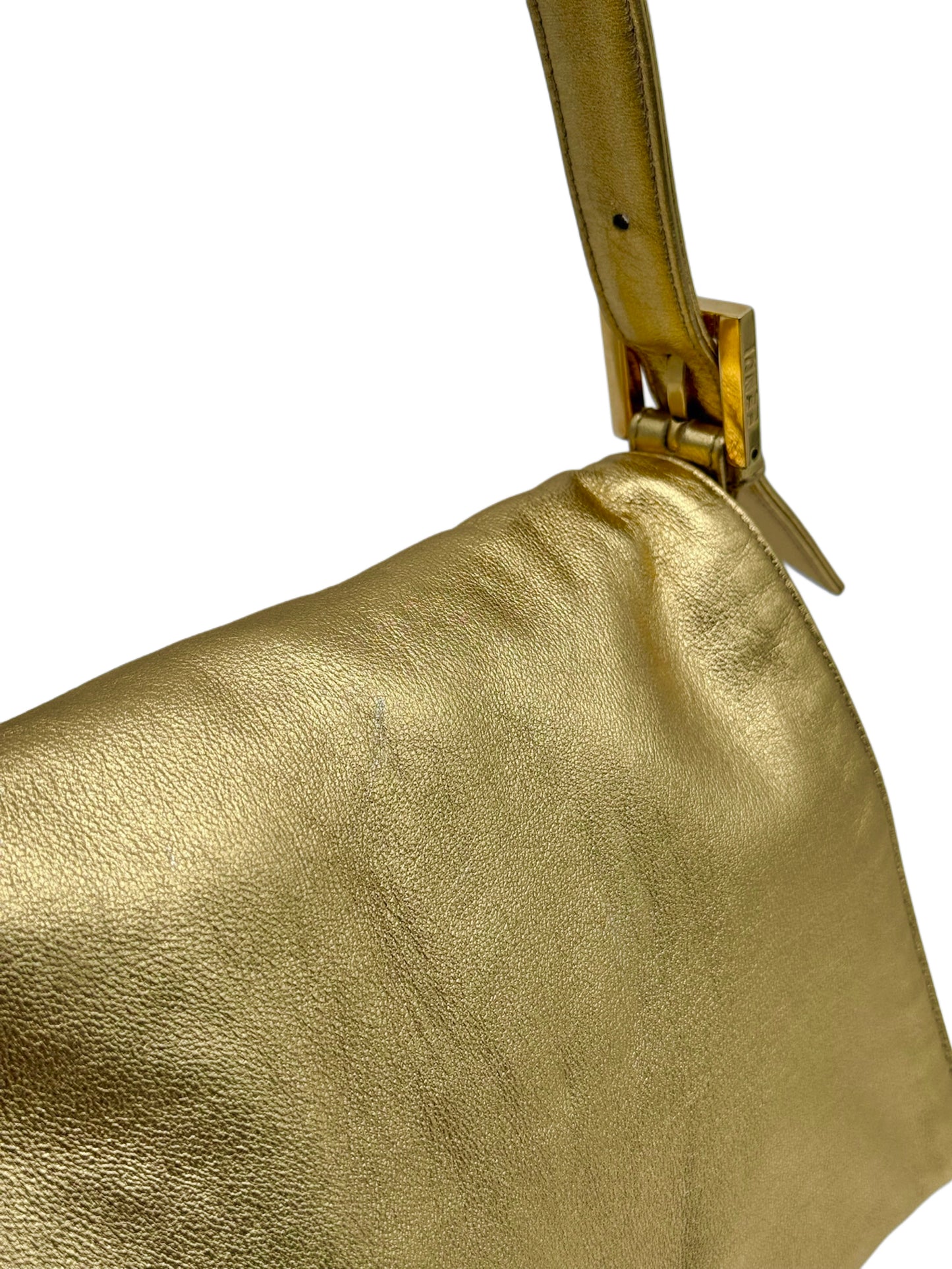 Fendi Vintage Gold Lambskin Leather Crystal Logo Mamma Shoulder Baguette Bag