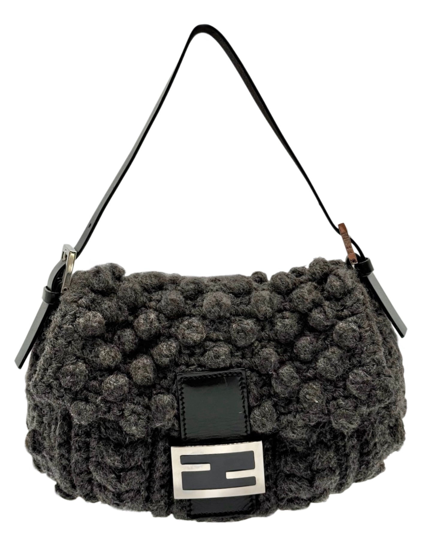 Fendi Vintage Dark Gray Crochet Knit Shoulder Baguette Bag