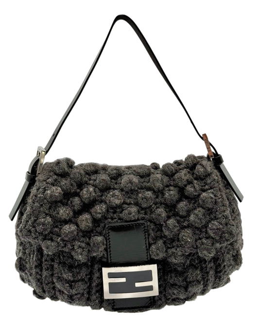 Fendi Vintage Dark Gray Crochet Knit Shoulder Baguette Bag