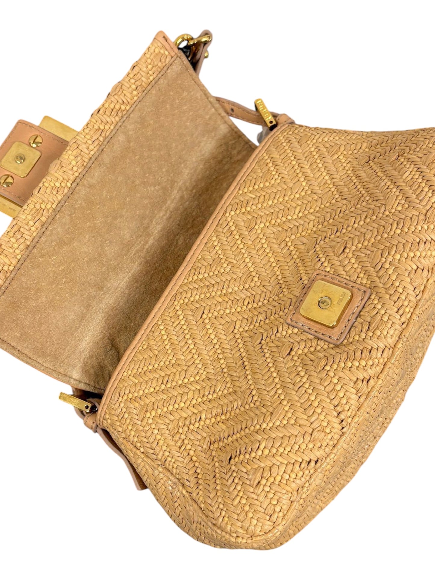 Fendi Vintage Beige Woven Chevron Raffia Marble Logo Mini Mamma Shoulder Baguette Bag