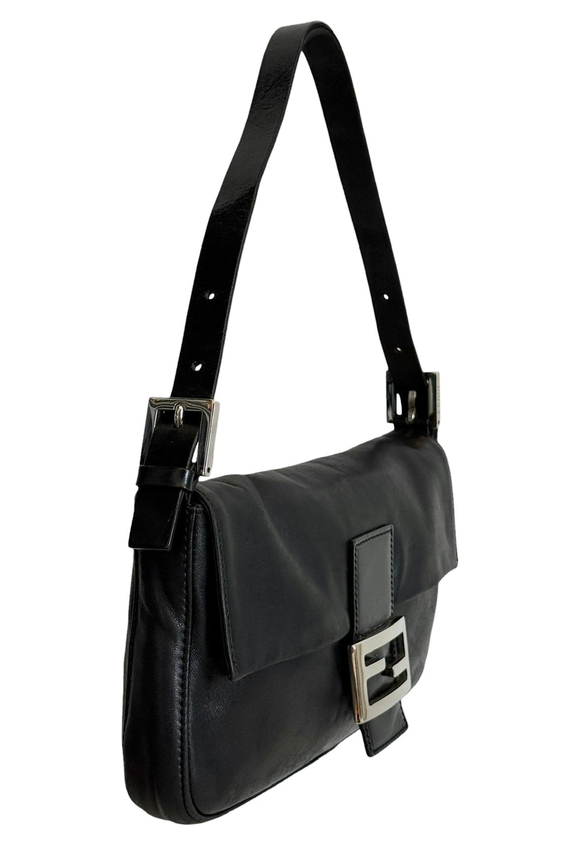 Fendi Vintage Black Lambskin Shoulder Baguette Bag with SHW