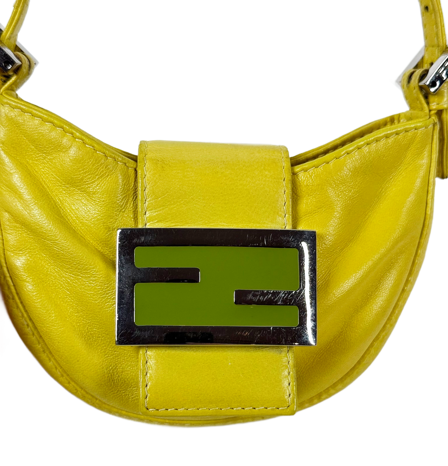 Fendi Vintage Yellow Lambskin Green Logo Mini Croissant Baguette