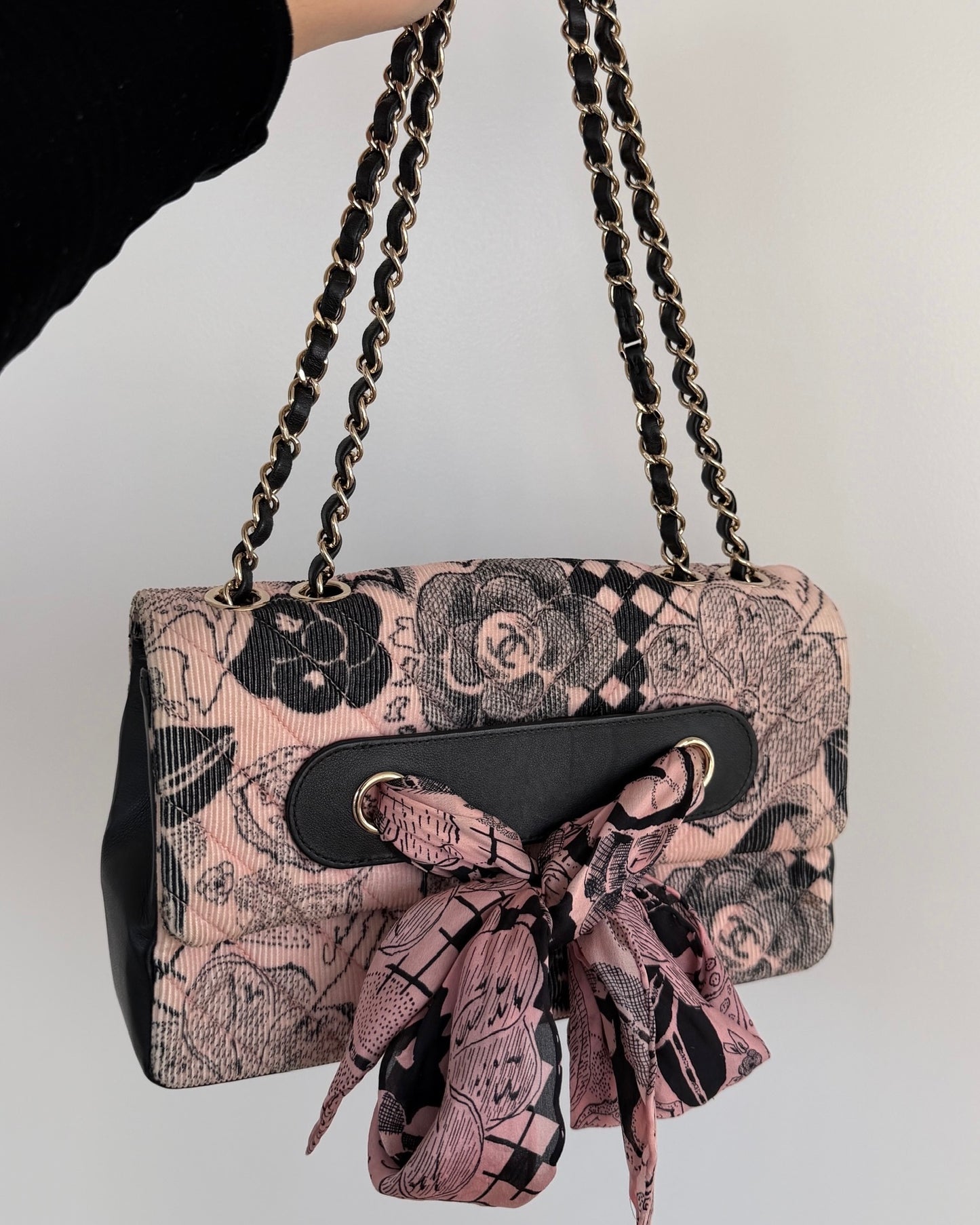 Chanel Pink & Black Corduroy CC Logo Camellia Motif Satin Bow Small Shoulder Classic Flap Bag