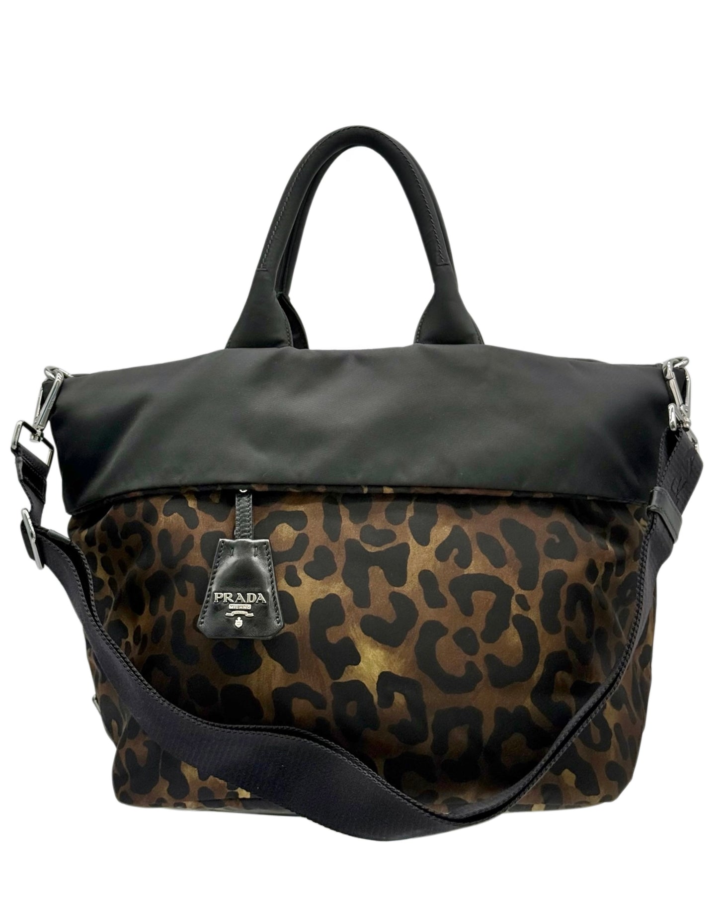 Prada Vintage Black & Green Leopard Print Tessuto Nylon Reversible Tote Bag w Shoulder Strap