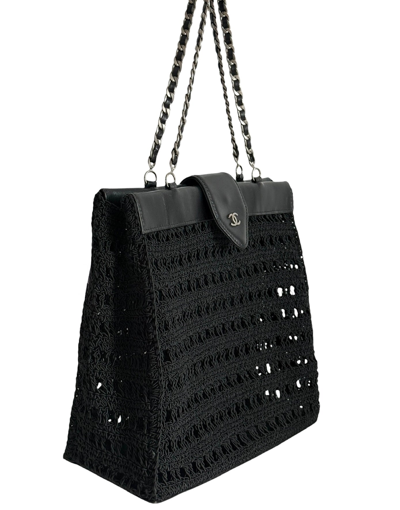 Chanel Vintage 90s Black Woven Crochet Knit CC Shoulder Tote Bag with Lambskin Trim 