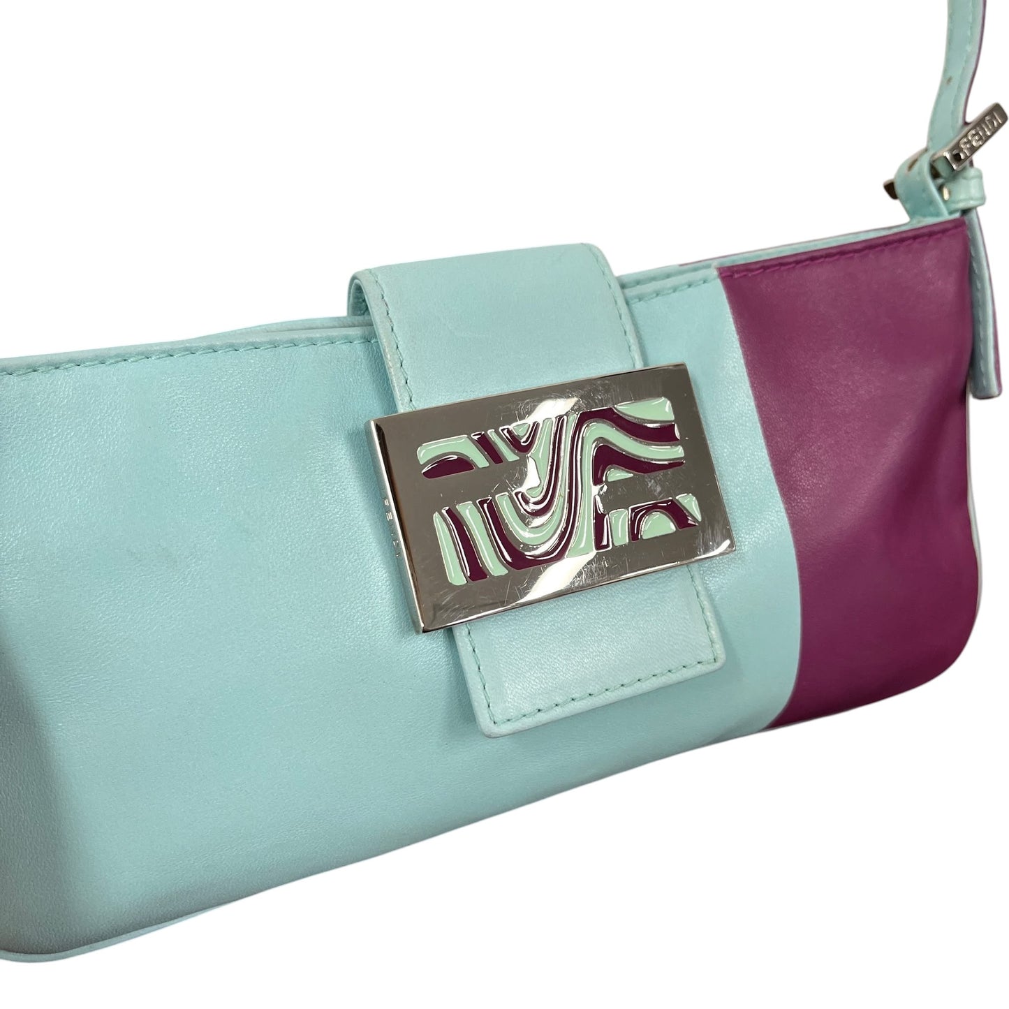 Fendi Vintage Bicolor Blue & Purple Lambskin Flat Baguette Pochette with Swirl Design Buckle