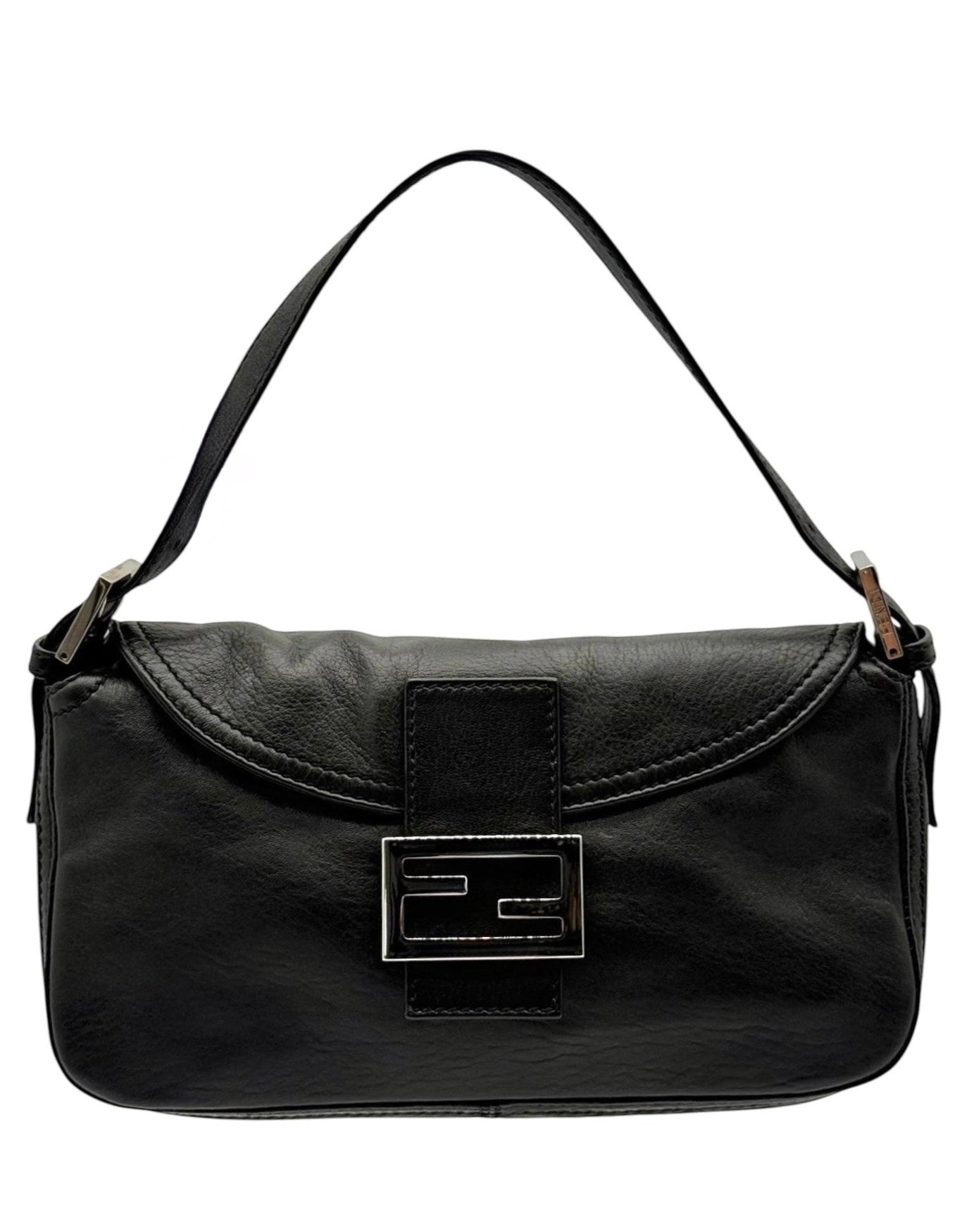 Fendi Vintage Black Selleria Leather Double Flap Shoulder Baguette Bag