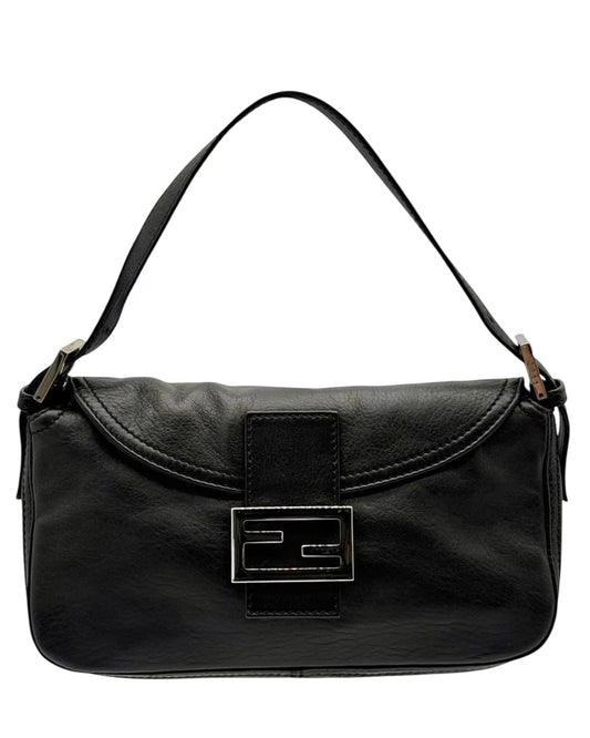 Fendi Vintage Black Selleria Leather Double Flap Shoulder Baguette Bag