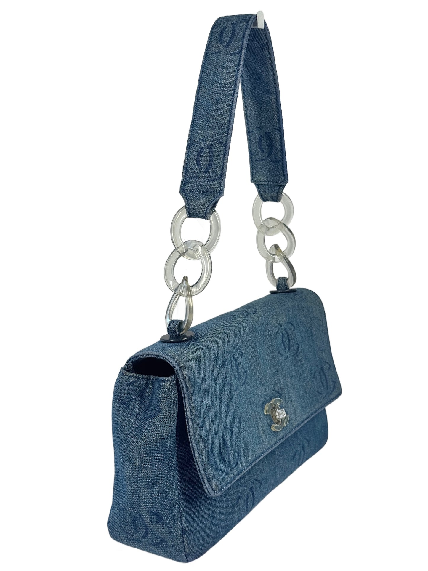 Chanel Vintage 00s Blue Denim CC Print Acrylic Chain Strap Single Flap Bag