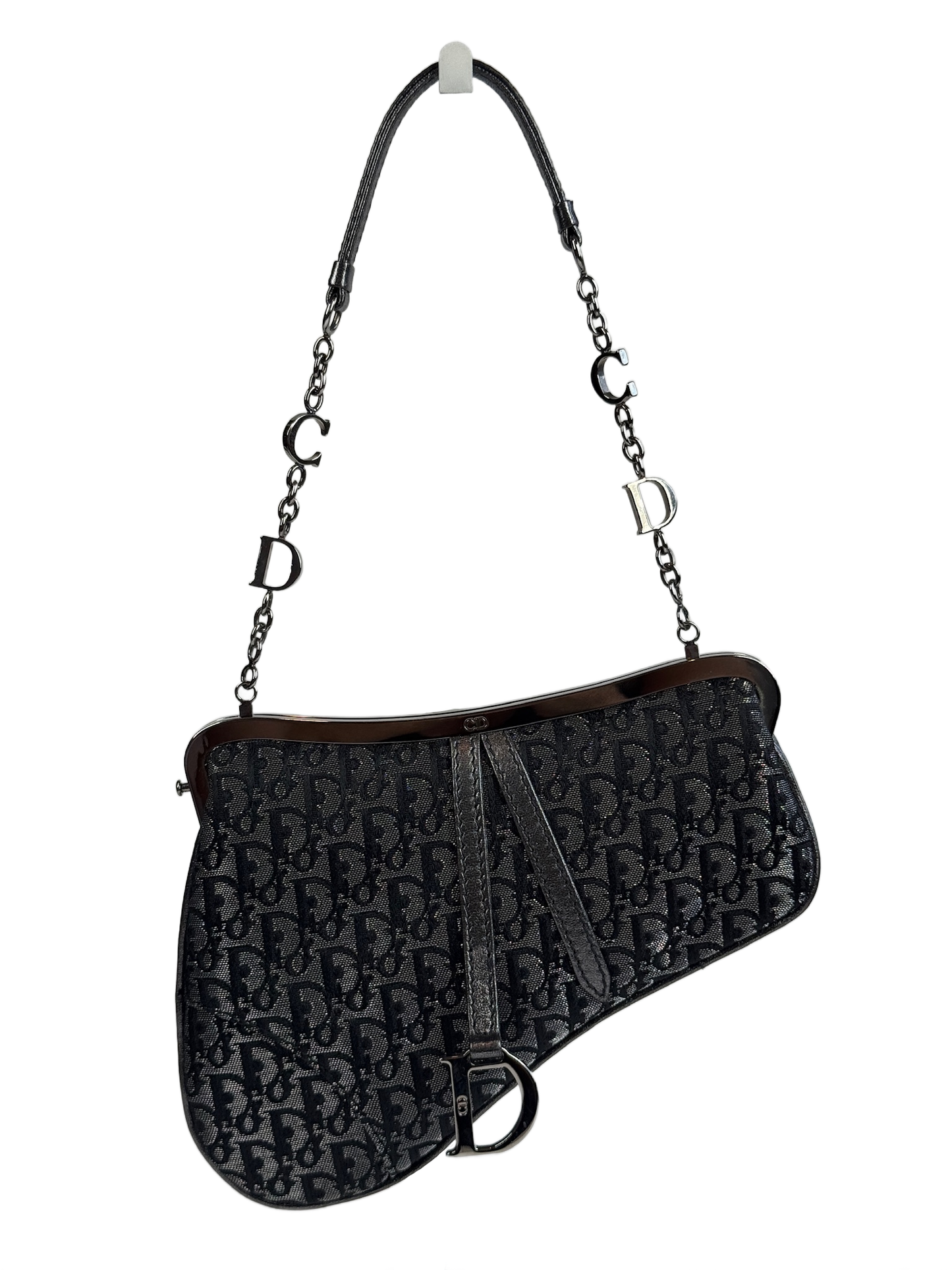 Dior Vintage 2003 Metallic Grey Diorissimo Monogram Micro Mini Evening Saddle Bag