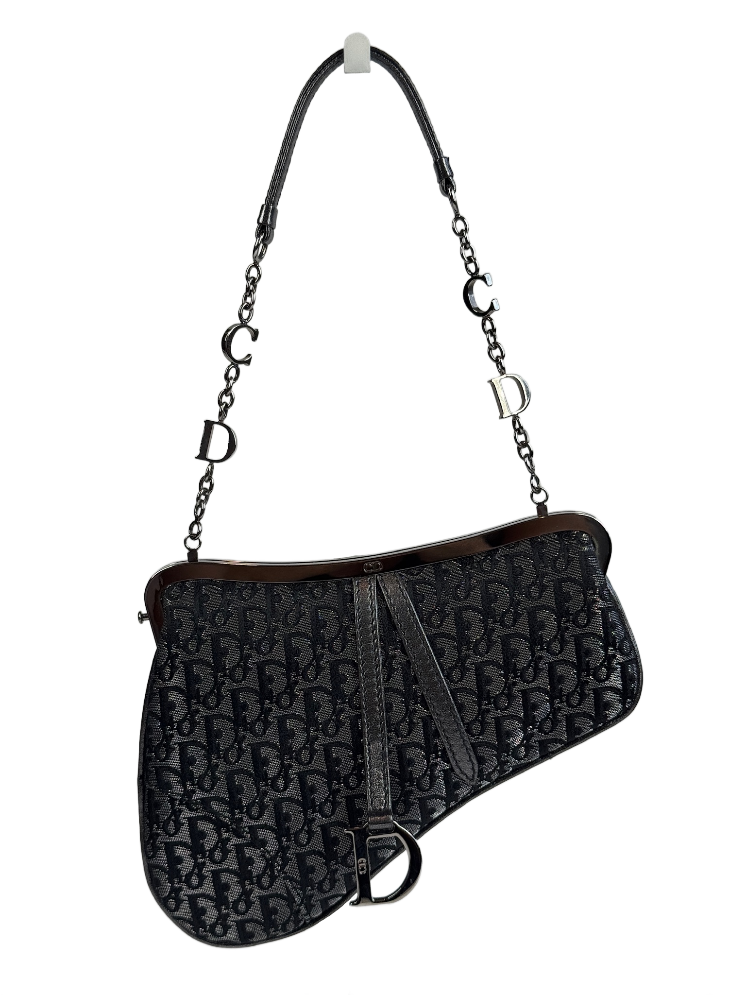 Dior Vintage 2003 Metallic Grey Diorissimo Monogram Micro Mini Evening Saddle Bag