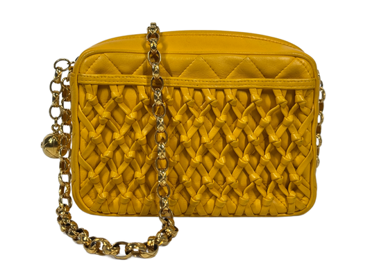 Chanel Vintage 90s Yellow Gold Knotted Quilted Lambskin Tassel Camera Shoulder Crossbody Bag