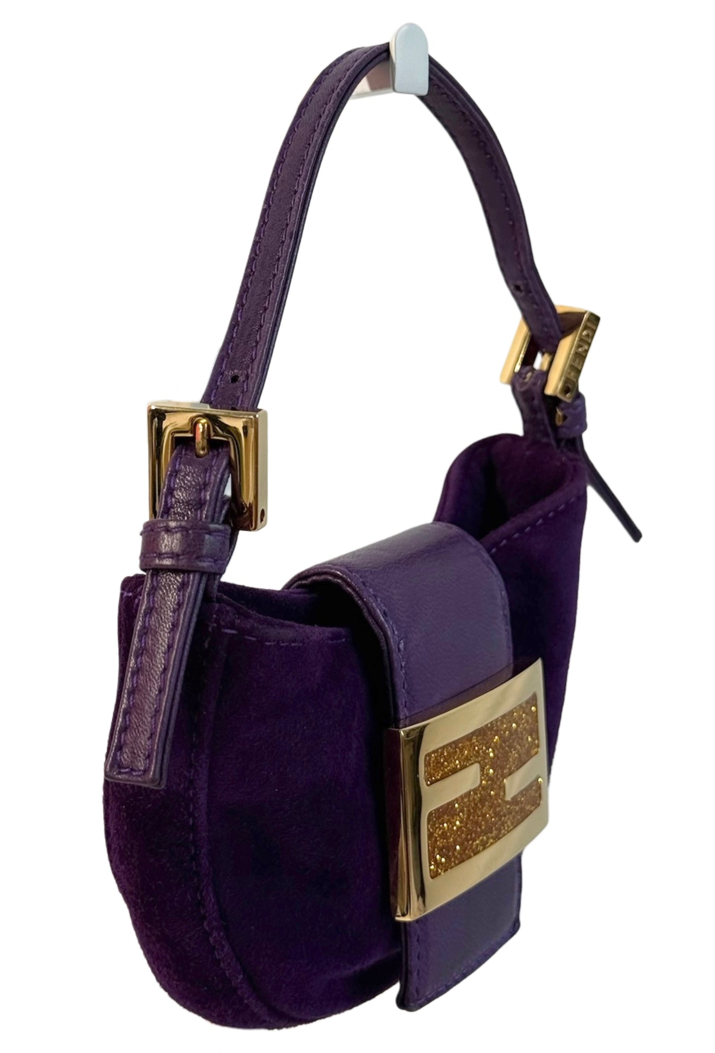 Fendi Vintage Purple Suede Gold Glitter Logo Mini Croissant Baguette Bag