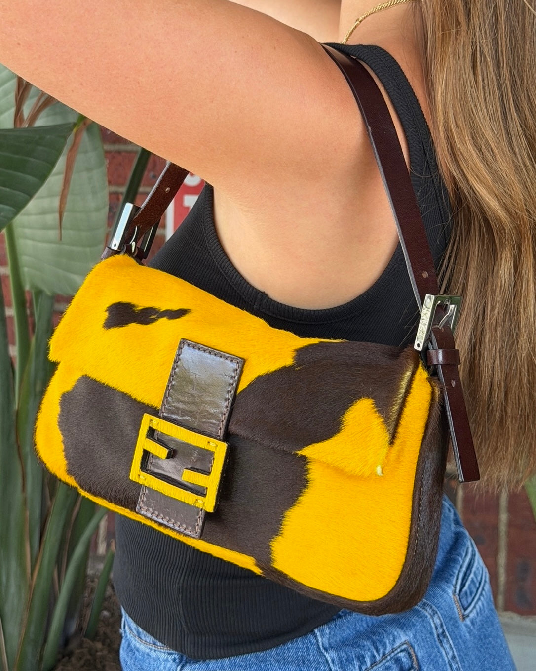 Fendi Vintage Yellow Cow Print Pony Hair Shoulder Baguette Bag
