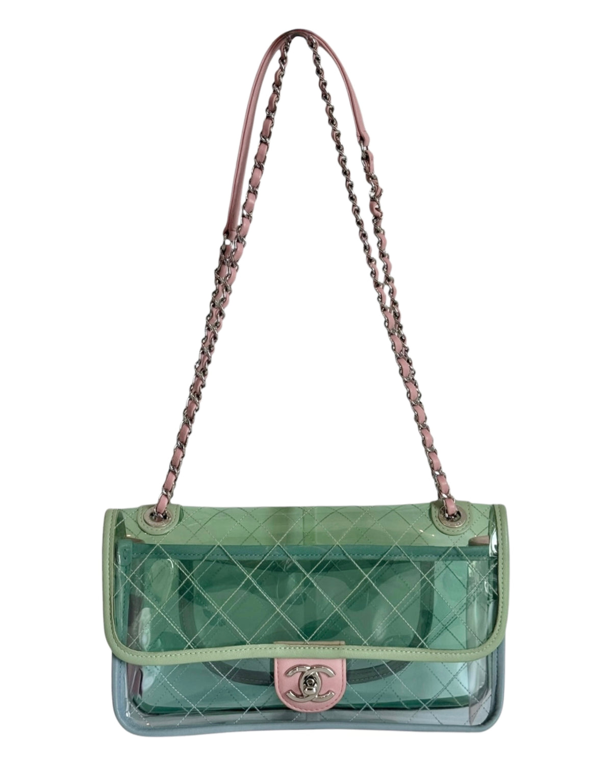 Chanel S/S 2018 Green Pink & Blue Coco Splash PVC Medium Shoulder Flap Bag