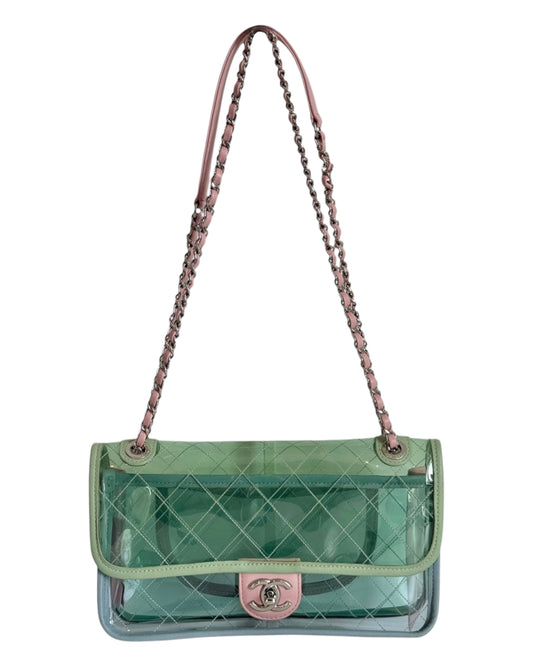 Chanel S/S 2018 Green Pink & Blue Coco Splash PVC Medium Shoulder Flap Bag