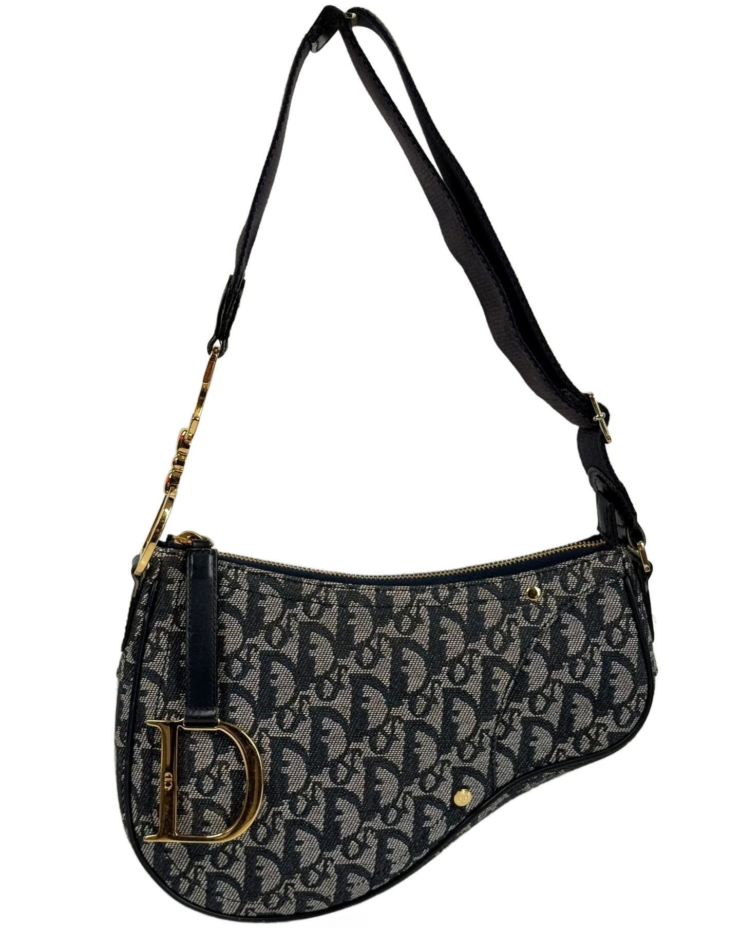 Dior Vintage 2004 Navy Blue Trotter Monogram D Charm Logo Shoulder Crossbody Saddle Bag