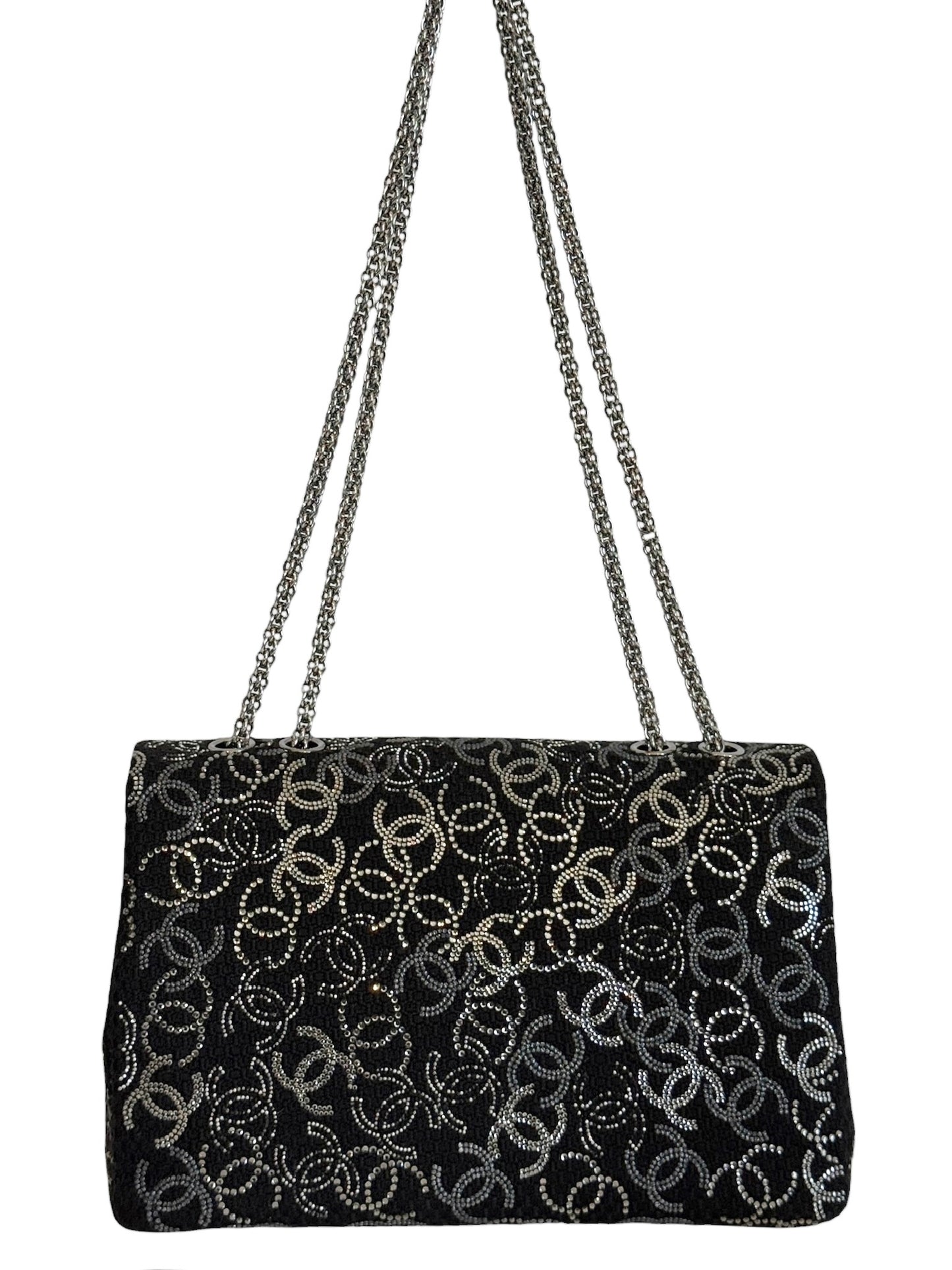 Chanel Vintage Paris-Shanghai Pudong Strass Black Tweed and Crystal CC Logo Jumbo Classic Flap Bag