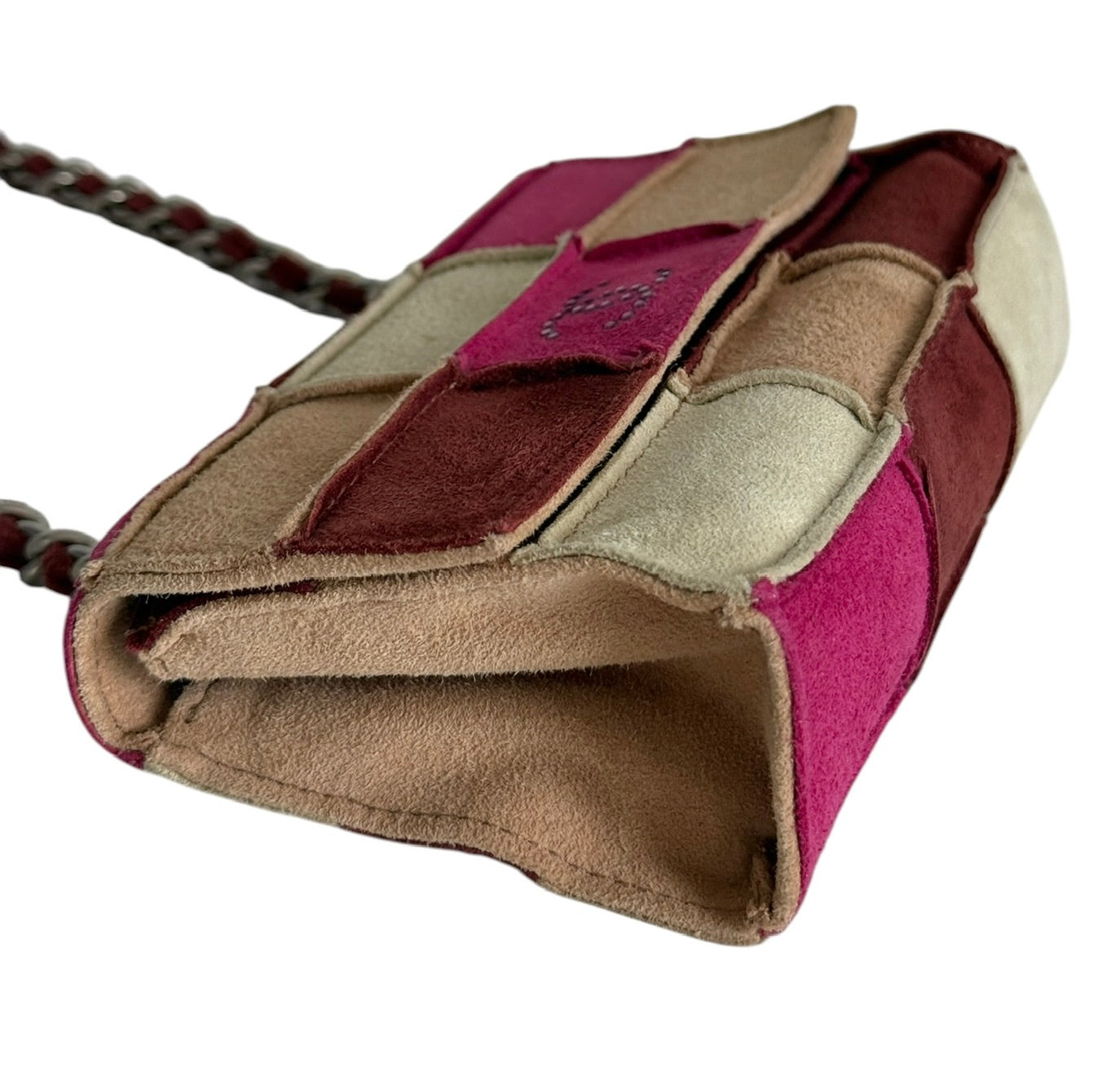 Chanel Vintage 90s Light Brown and Pink Patchwork Suede Crystal CC Logo Micro Mini Flap Crossbody Bag 