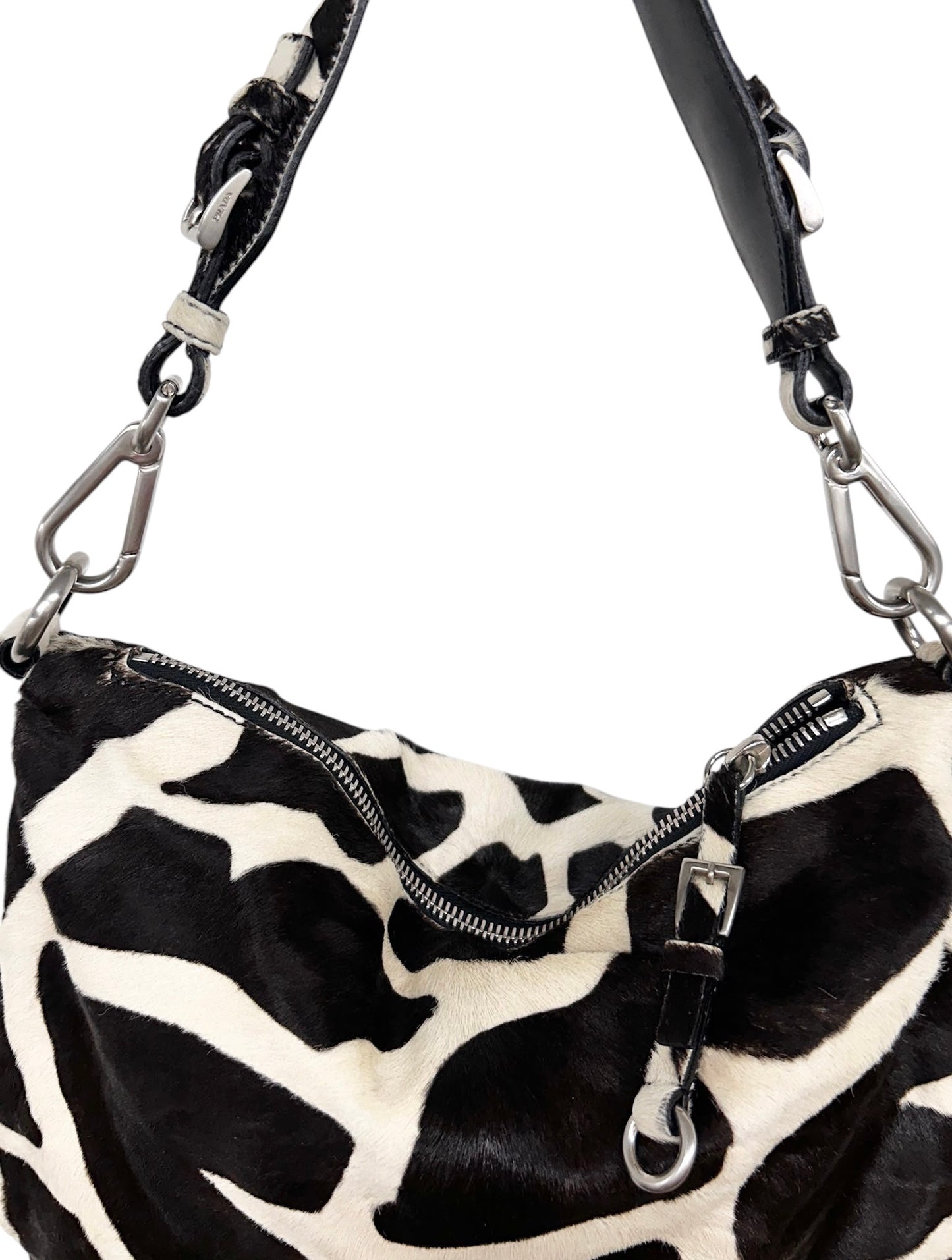 Prada Vintage Black & White Giraffe Print Pony Hair Medium Hobo Shoulder Bag