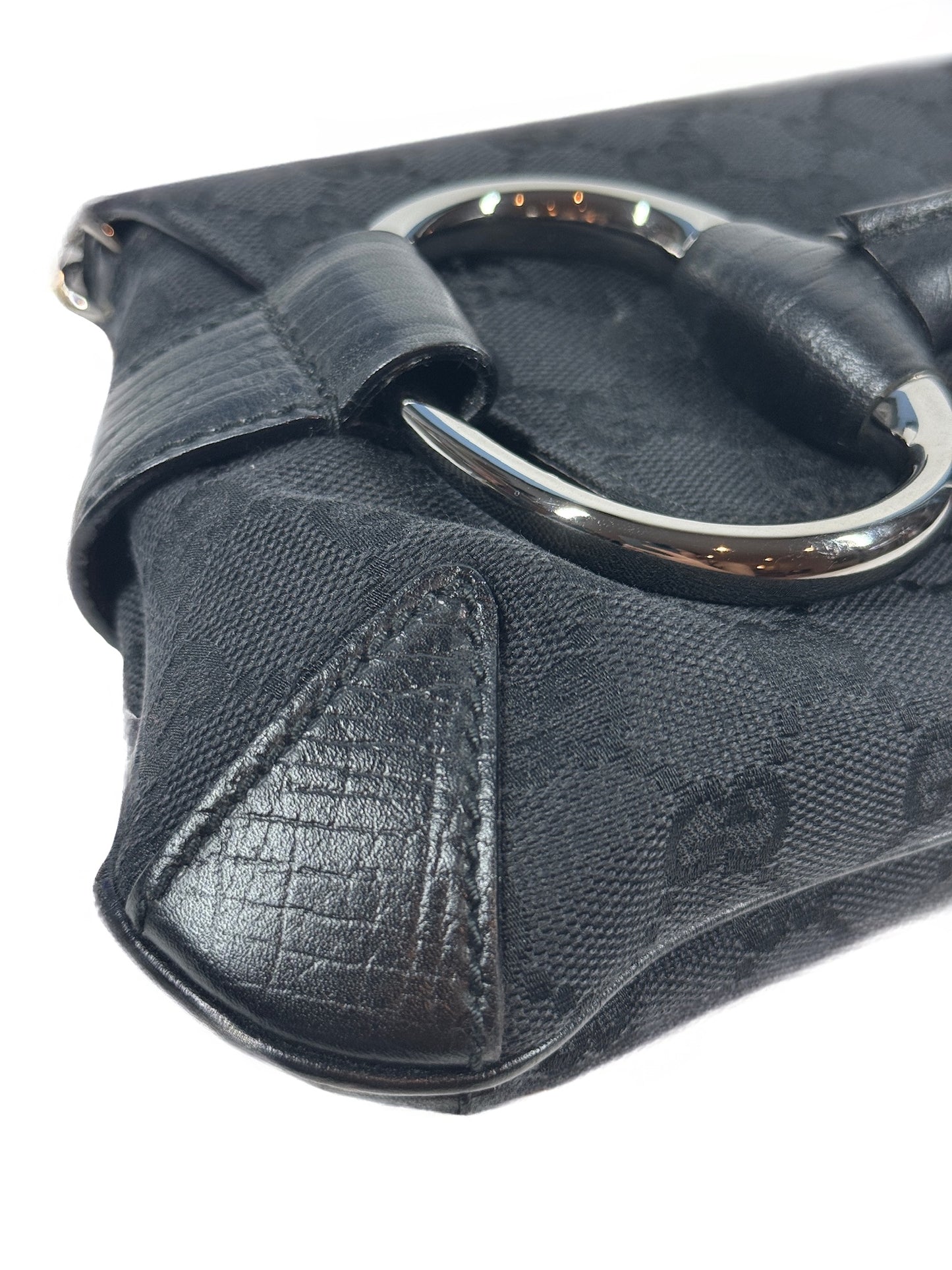 Gucci Vintage Black GG Monogram Horsebit Large Chain Shoulder Clutch Bag