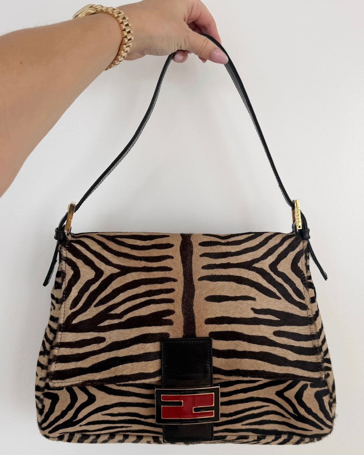 Fendi Vintage Beige Zebra Print Pony Hair Mamma Baguette Shoulder Bag with Red Enamel Trim