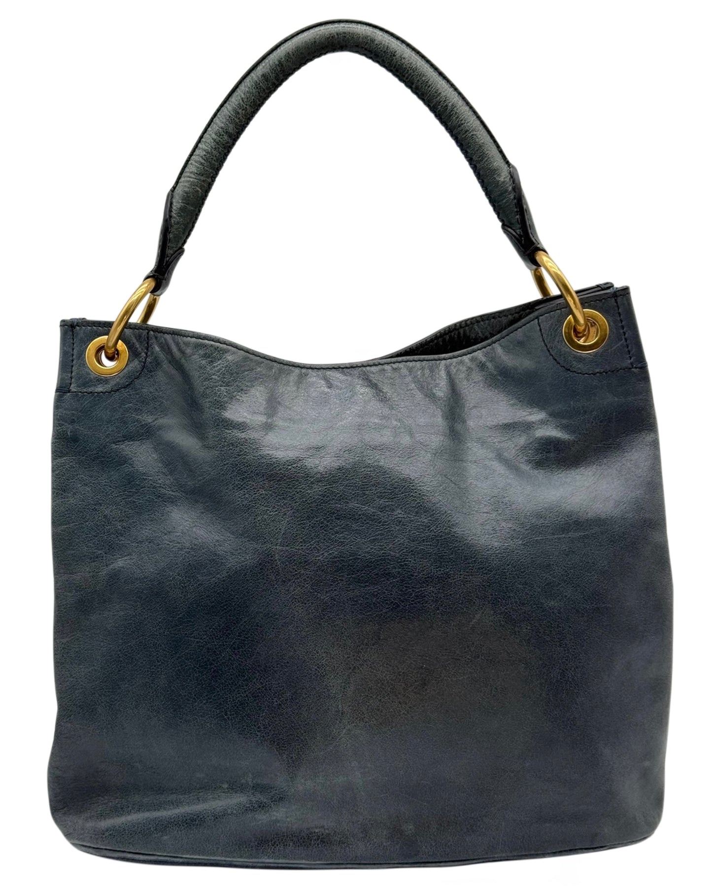 Prada Vintage Distressed Blue Crinkled Calfskin Leather Medium Hobo Shoulder Tote Bag