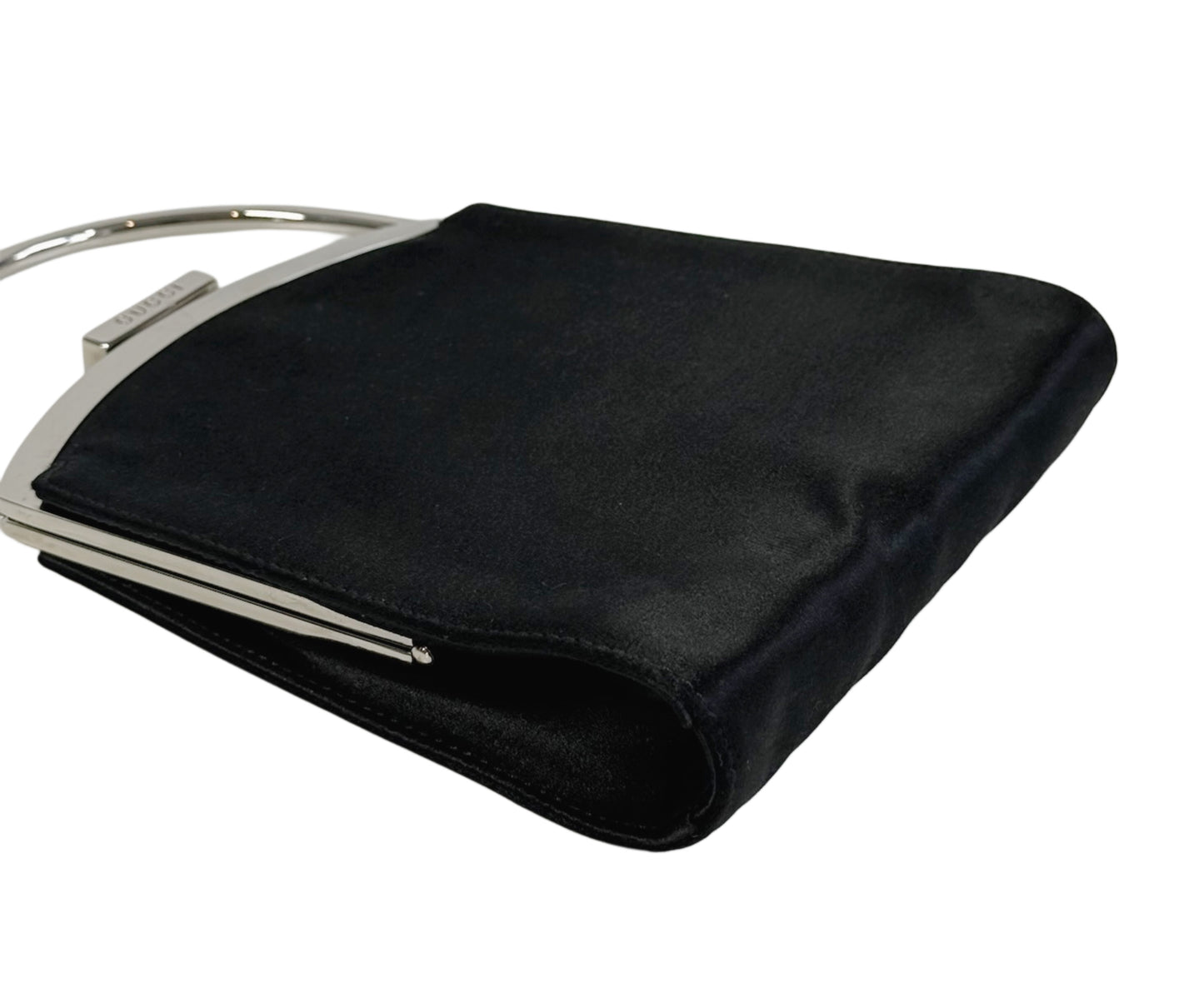 Gucci Vintage Tom Ford Era Black Satin Mini Metal Top Handle Kelly Style Evening Clutch Bag