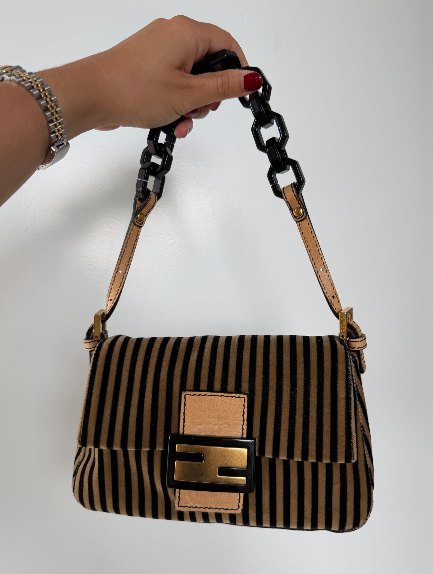 Fendi Vintage Velour Velvet Beige & Black Striped Chain Link Mini Mamma Shoulder Baguette Bag 