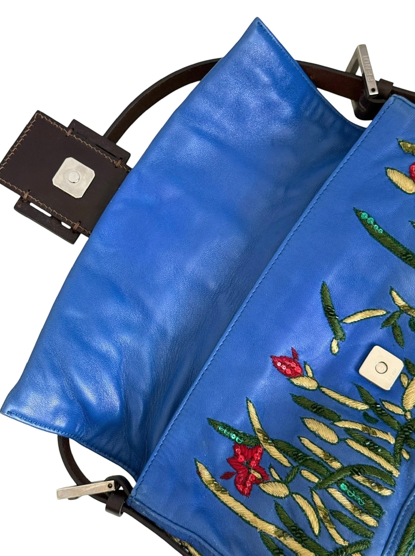 Fendi Vintage Blue Lambskin Floral Embroirdered Beaded Sequin Shoulder Baguette Bag 