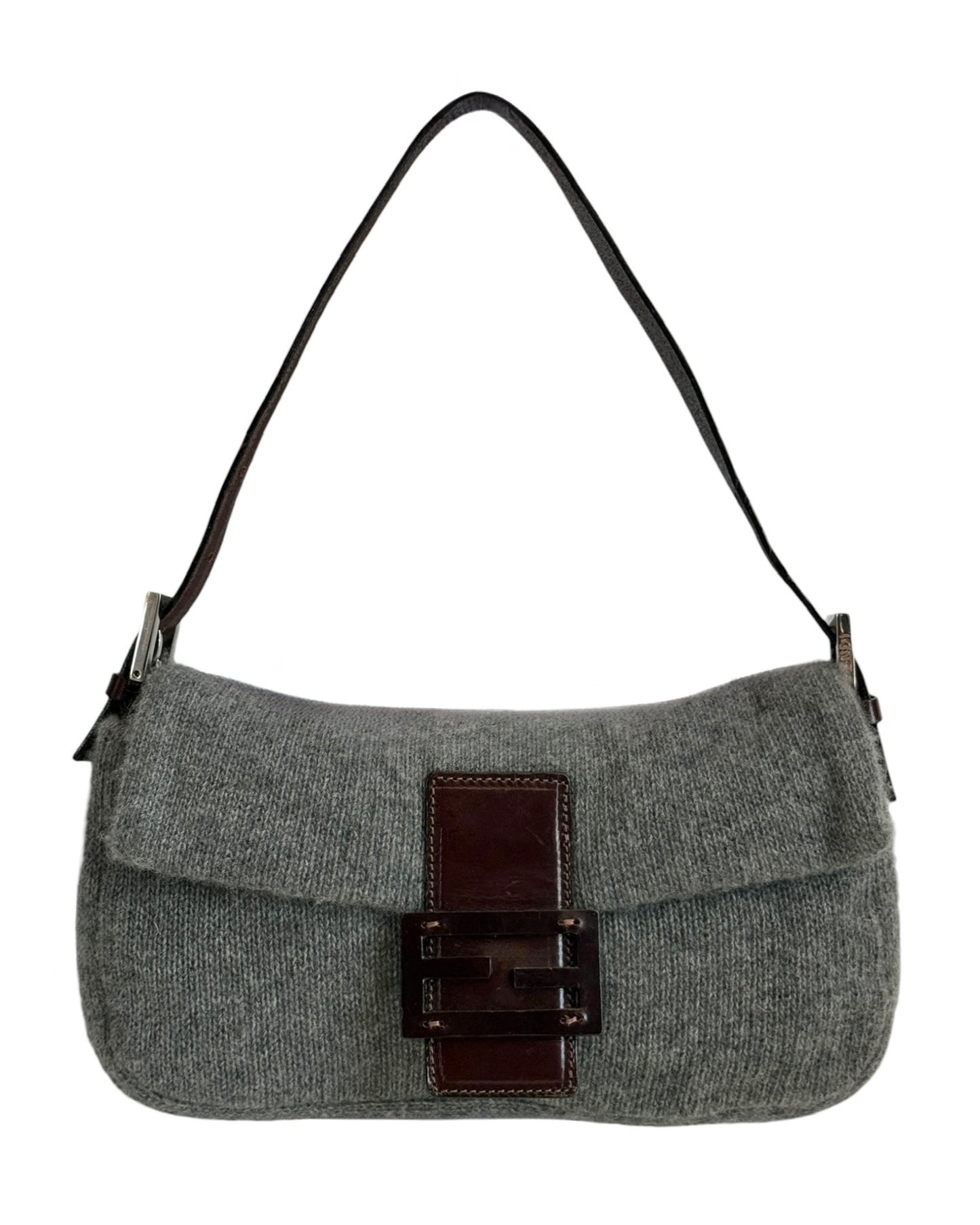 Fendi Vintage Gray Knit Wool Shoulder Baguette Bag
