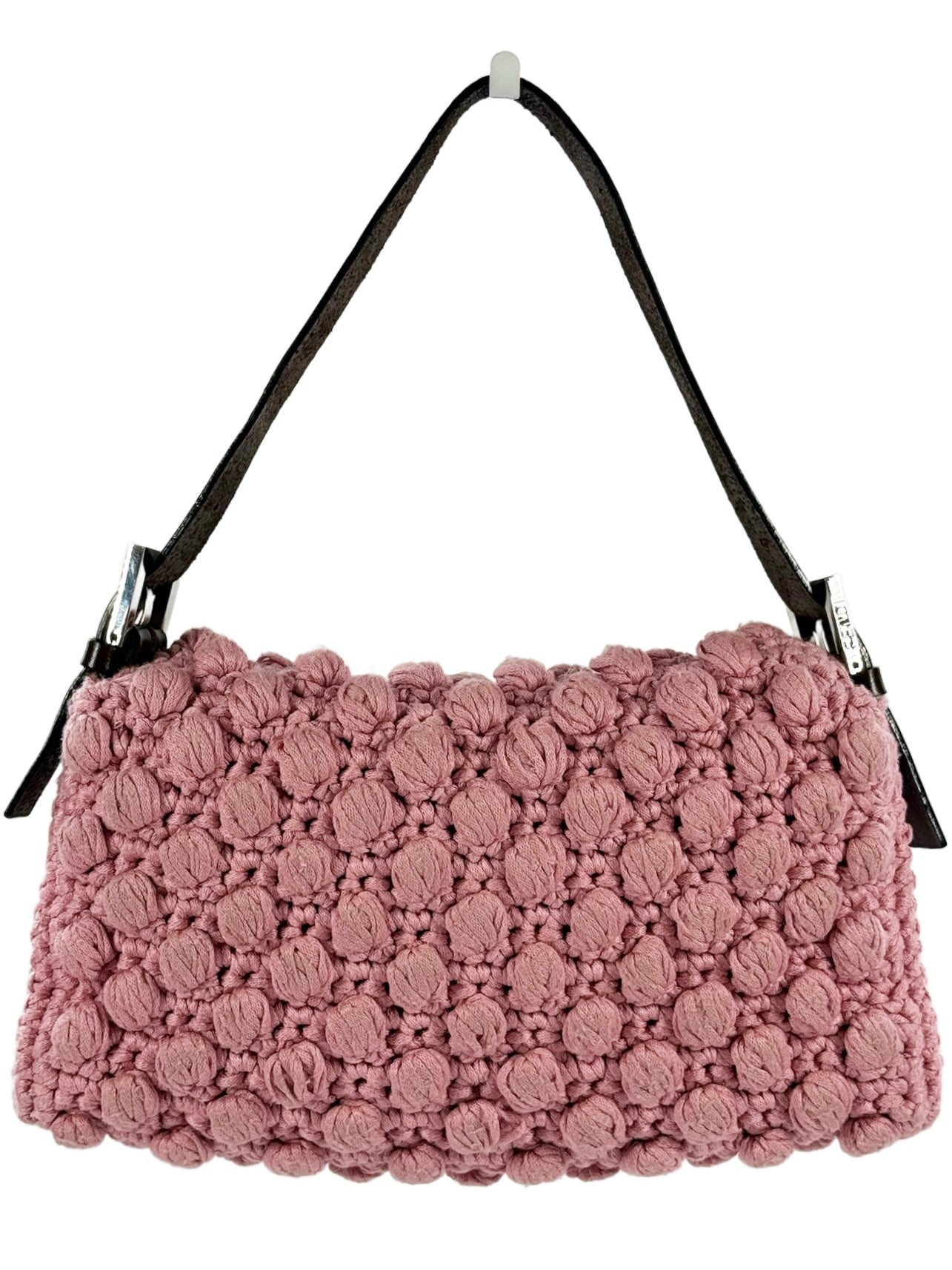 Fendi Vintage Pink Crochet Knit Shoulder Baguette Bag