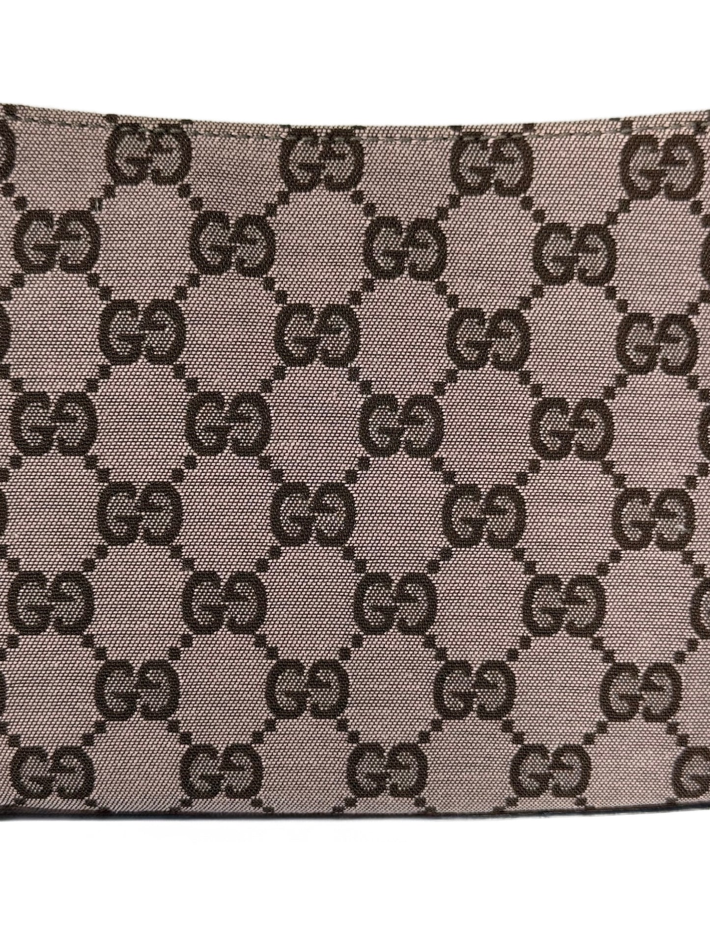 Gucci Vintage Light Brown Satin GG Monogram Leather Trim Shoulder Pochette Bag