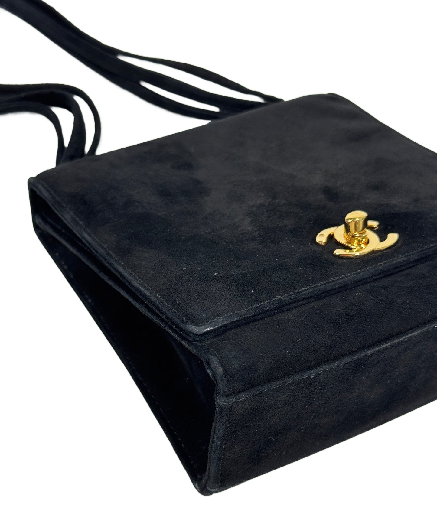 Chanel Vintage ‘98 Black Suede Square Mini Classic Flap Shoulder Bag w 24K Gold Plated Hardware