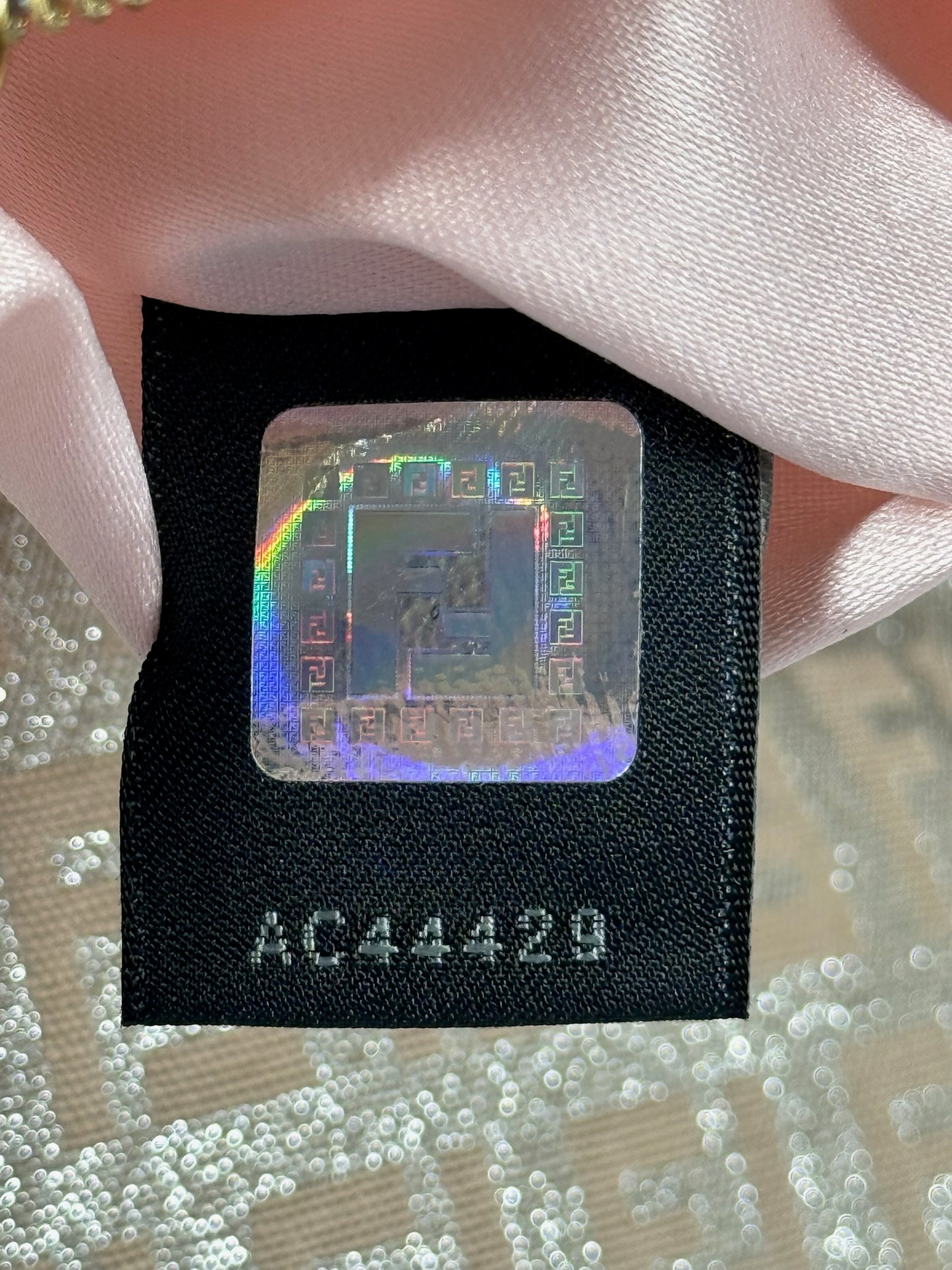 Fendi Vintage Light Pink Metallic Silver Glitter Zucca Monogram Double Flap Shoulder Baguette Bag